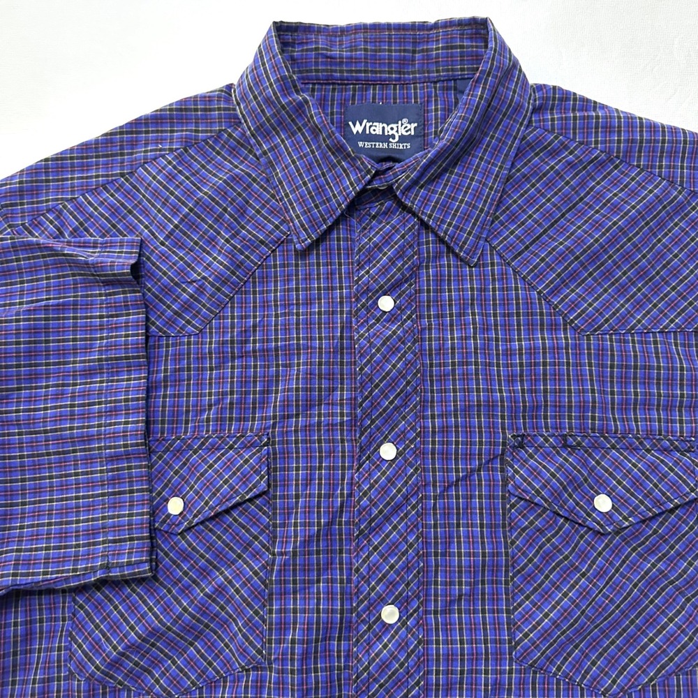 Wrangler Western Pearl Snap Shirt L Blue Purple Plaid Americana Cowboy Rodeo
